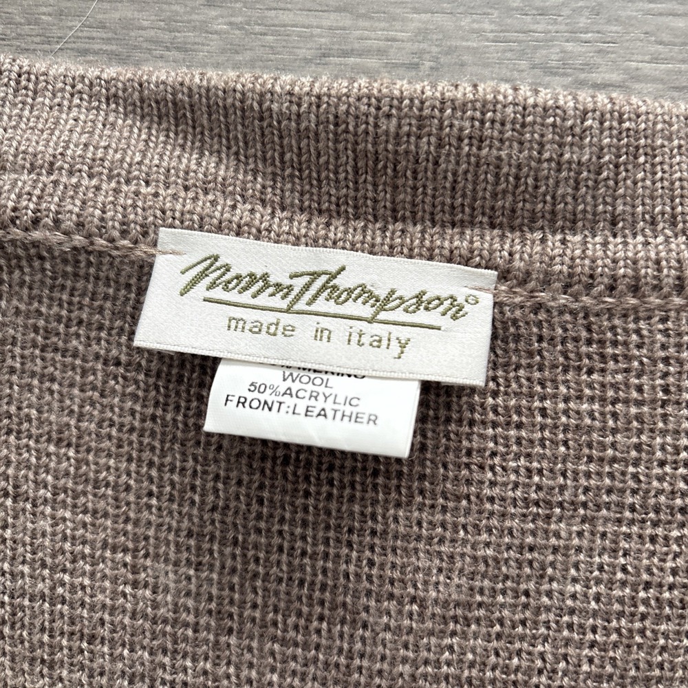 VTG Norm Thompson Mens L Cosby Leather Wool Cable Knit Cardigan Sweater Italy - Picture 7 of 16